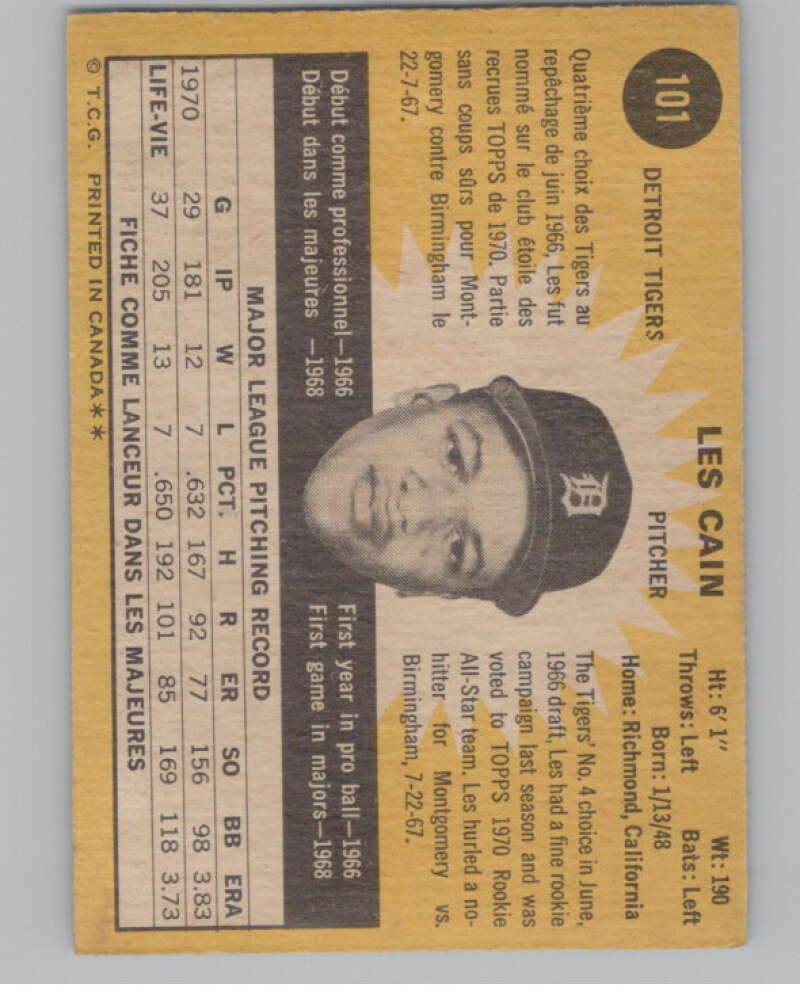 1971 O-Pee-Chee #101 Les Cain  Detroit Tigers  V101512 Image 2