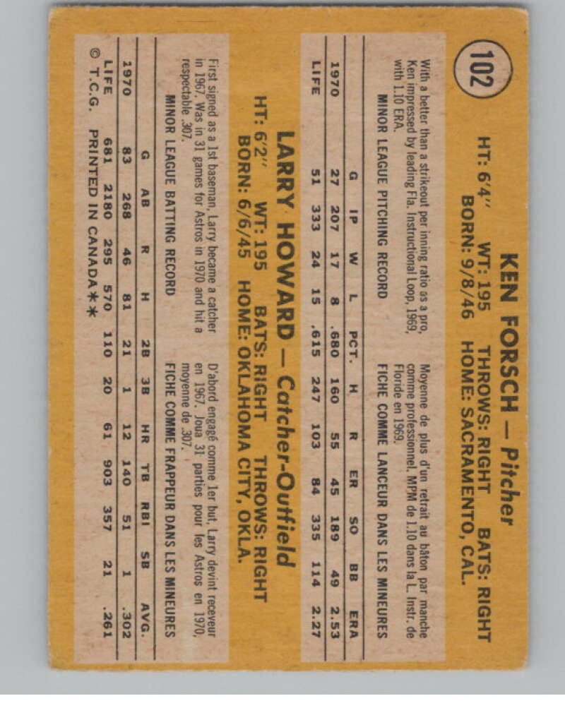 1971 O-Pee-Chee #102 Ken Forsch/Larry Howard RC Rookie Astros  V101513 Image 2