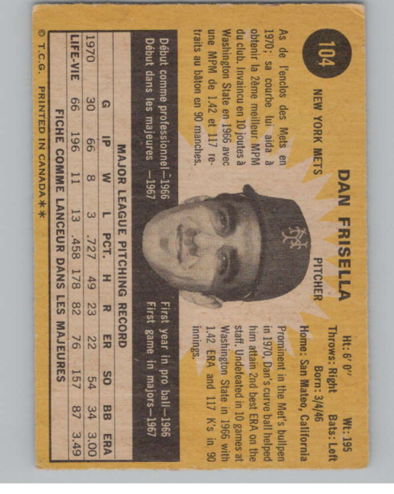 1971 O-Pee-Chee #104 Dan Frisella  New York Mets  V101514 Image 2