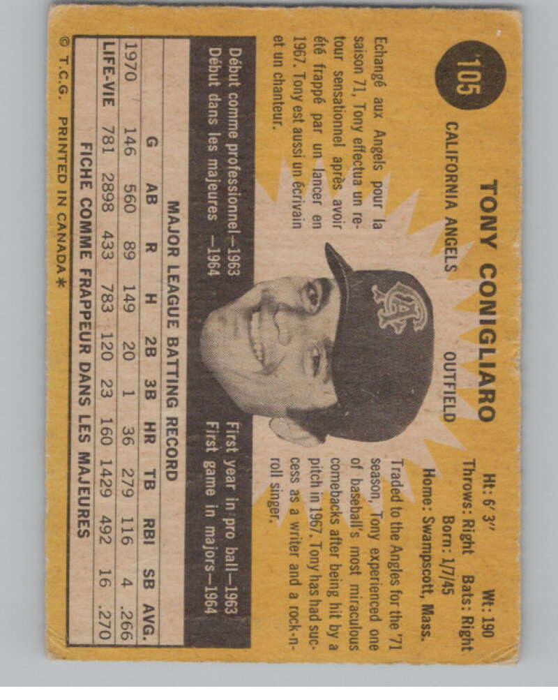 1971 O-Pee-Chee #105 Tony Conigliaro  California Angels  V101515 Image 2