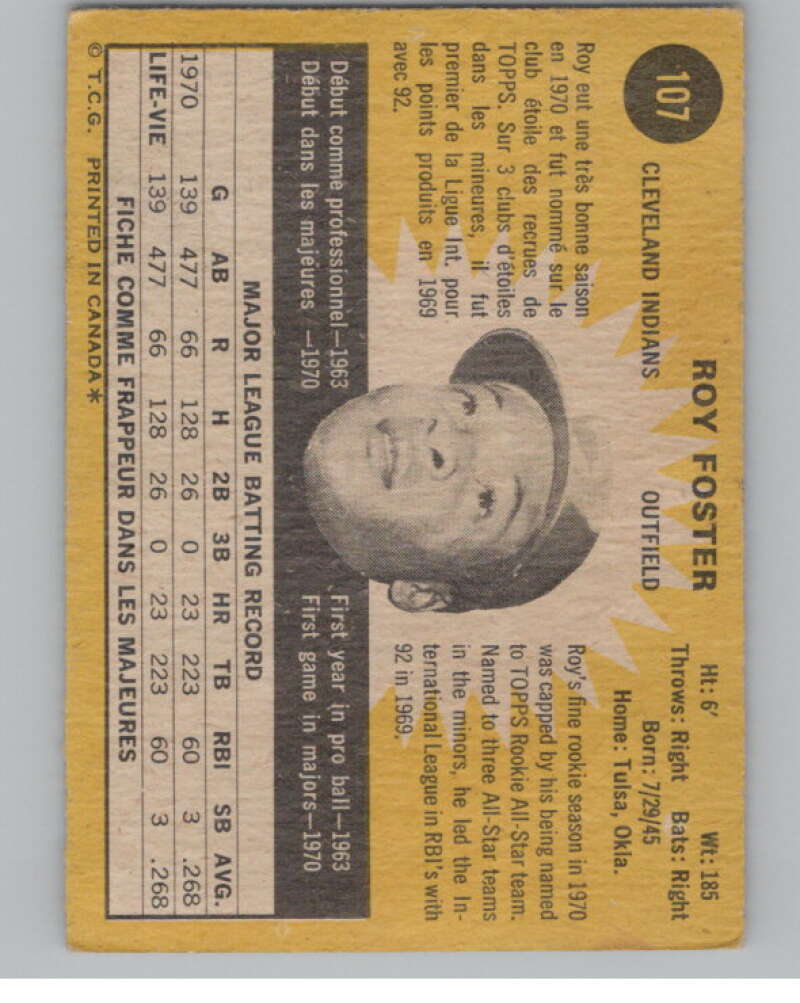 1971 O-Pee-Chee #107 Roy Foster  RC Rookie Cleveland Indians  V101516 Image 2