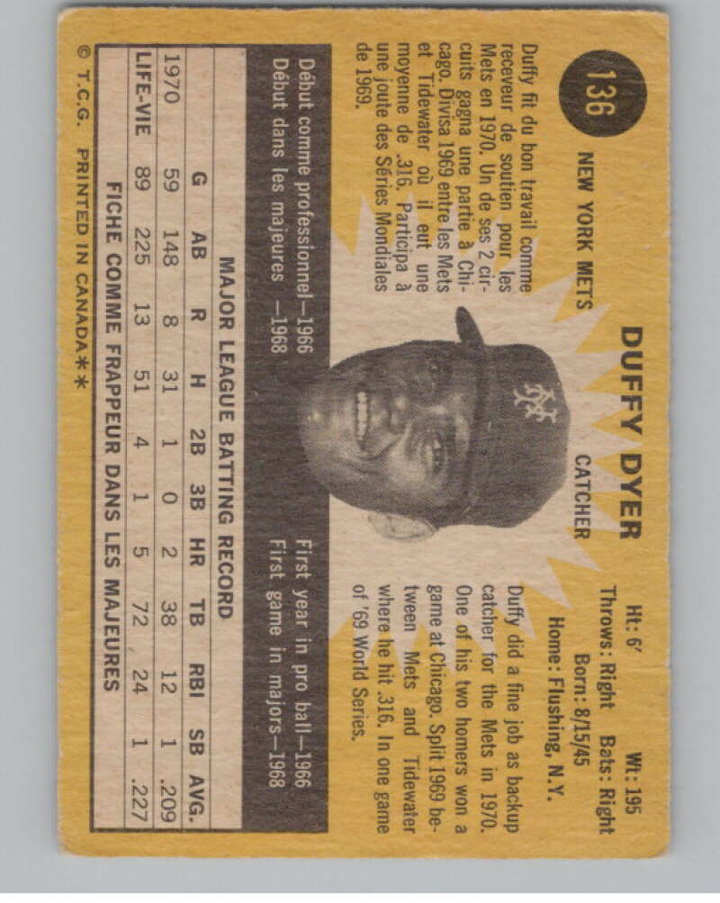 1971 O-Pee-Chee #136 Duffy Dyer  New York Mets  V101521 Image 2