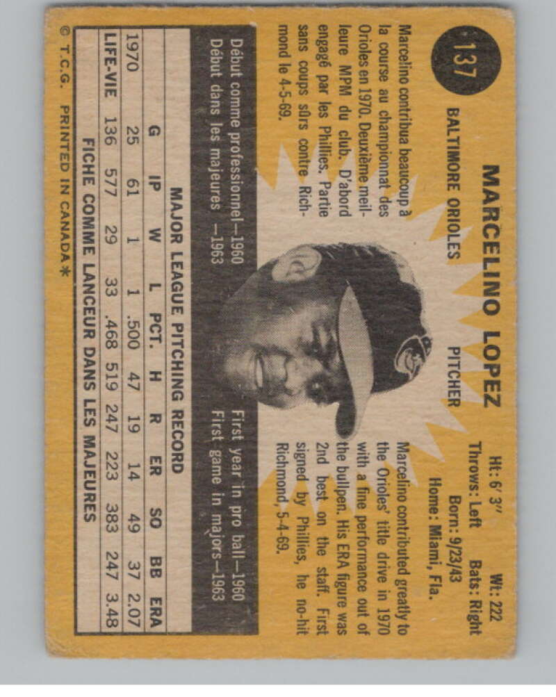 1971 O-Pee-Chee #137 Marcelino Lopez  Baltimore Orioles  V101522 Image 2