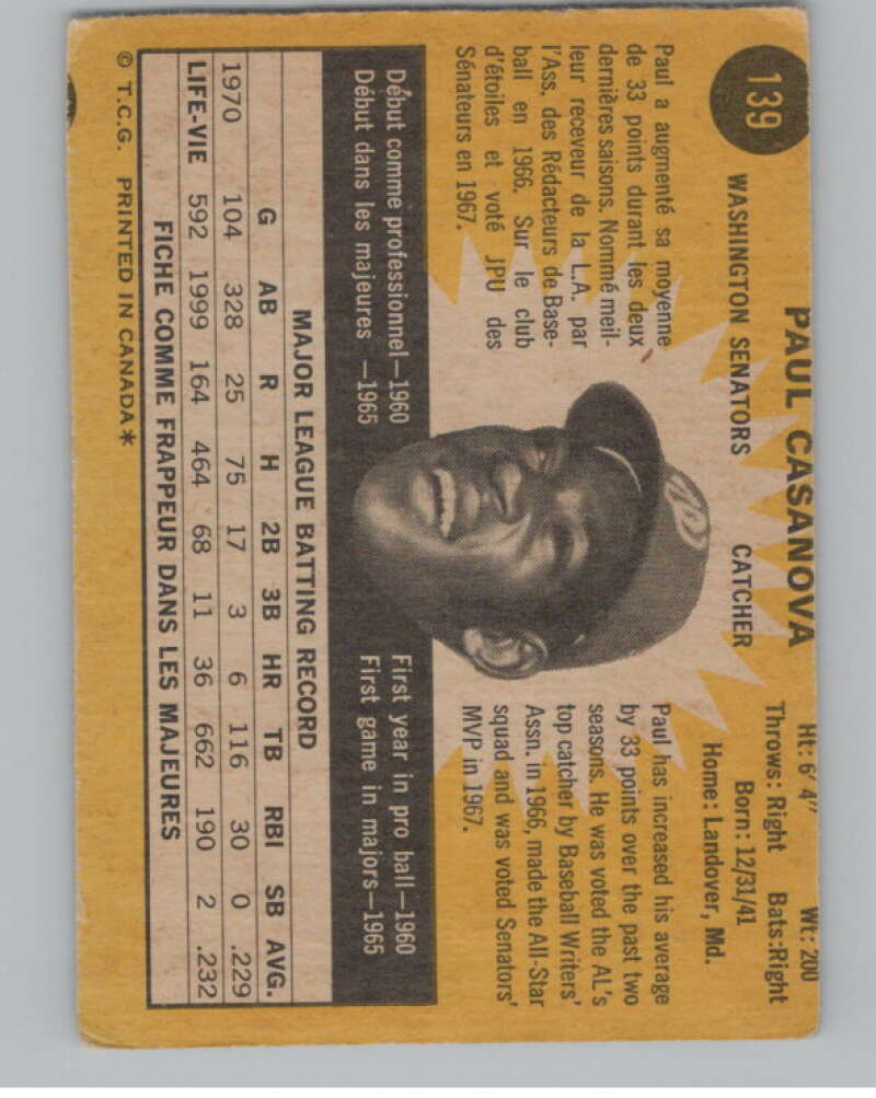 1971 O-Pee-Chee #139 Paul Casanova  Washington Senators  V101523 Image 2