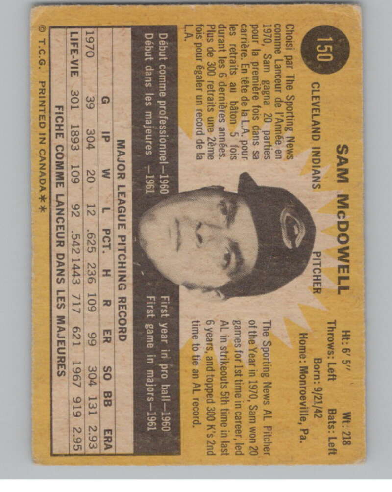 1971 O-Pee-Chee #150 Sam McDowell  Cleveland Indians  V101524 Image 2