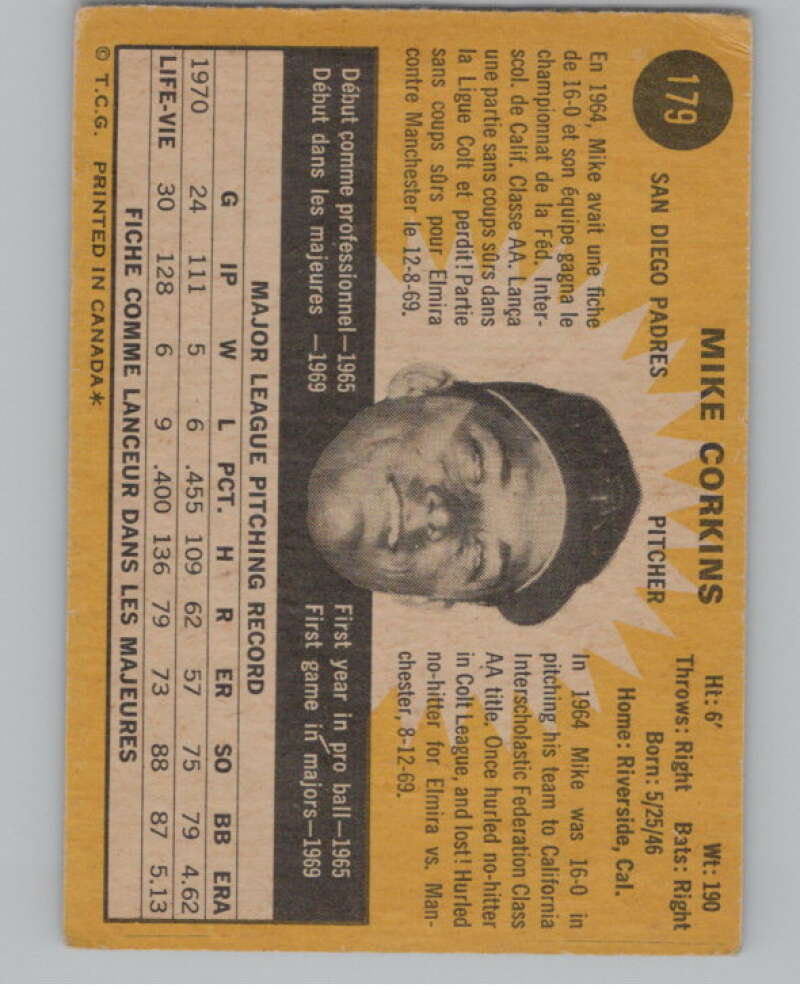 1971 O-Pee-Chee #179 Mike Corkins  San Diego Padres  V101527 Image 2