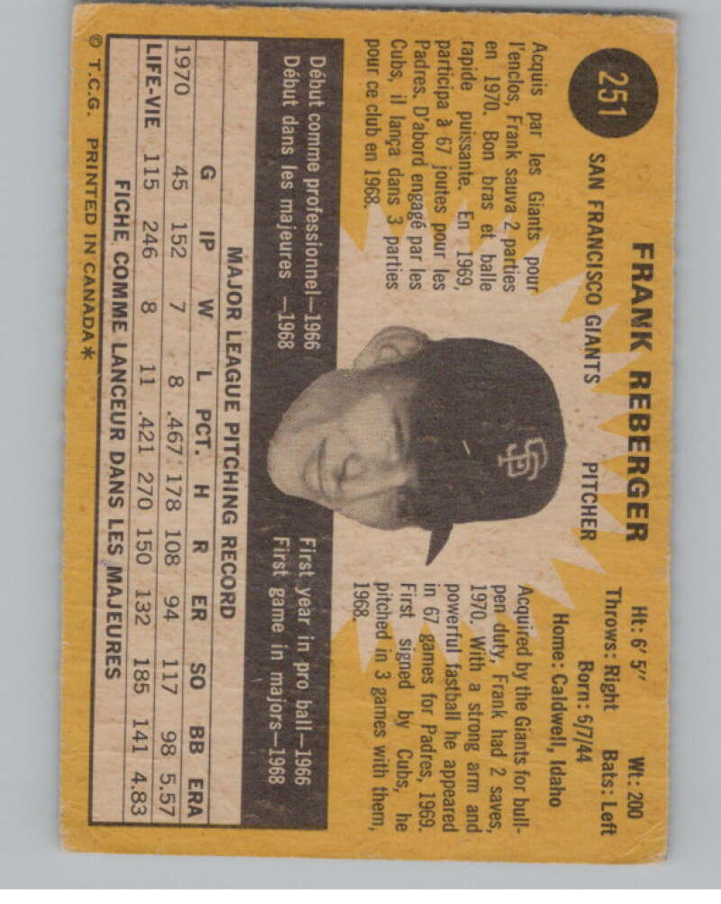 1971 O-Pee-Chee #251 Frank Reberger  San Francisco Giants  V101537 Image 2