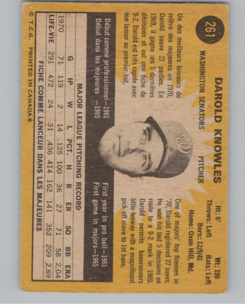 1971 O-Pee-Chee #261 Darold Knowles  Washington Senators  V101541 Image 2