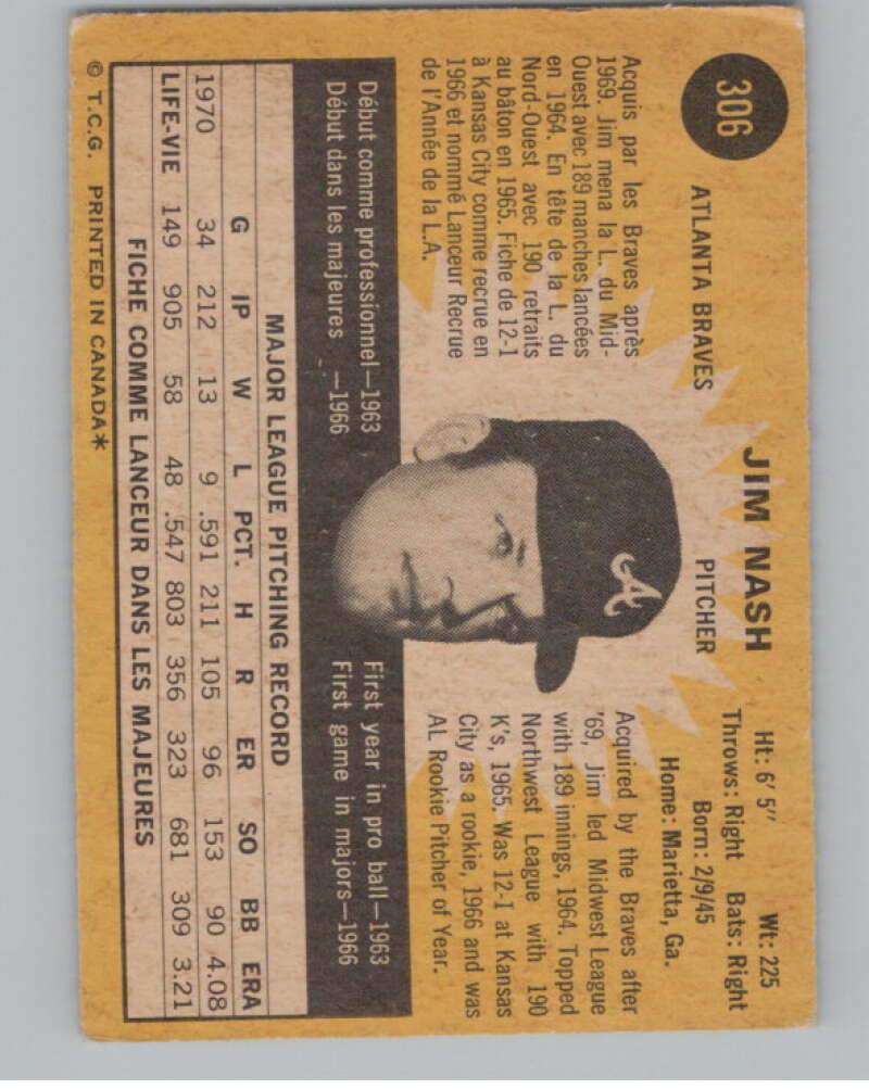 1971 O-Pee-Chee #306 Jim Nash  Atlanta Braves  V101544 Image 2