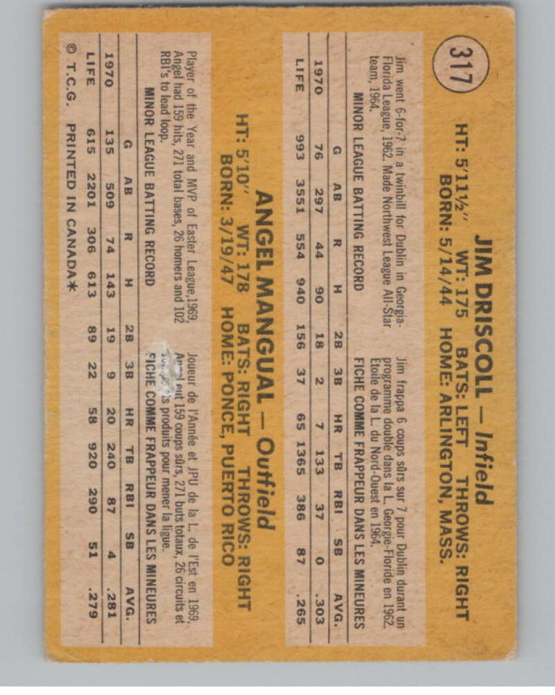 1971 O-Pee-Chee #317 Jim Driscoll/Angel Mangual RC Rookie  V101547 Image 2