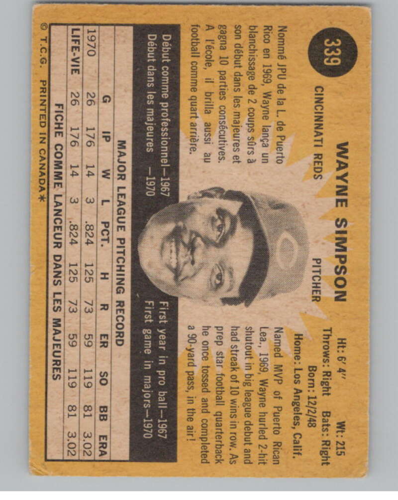 1971 O-Pee-Chee #339 Wayne Simpson  Cincinnati Reds  V101548 Image 2