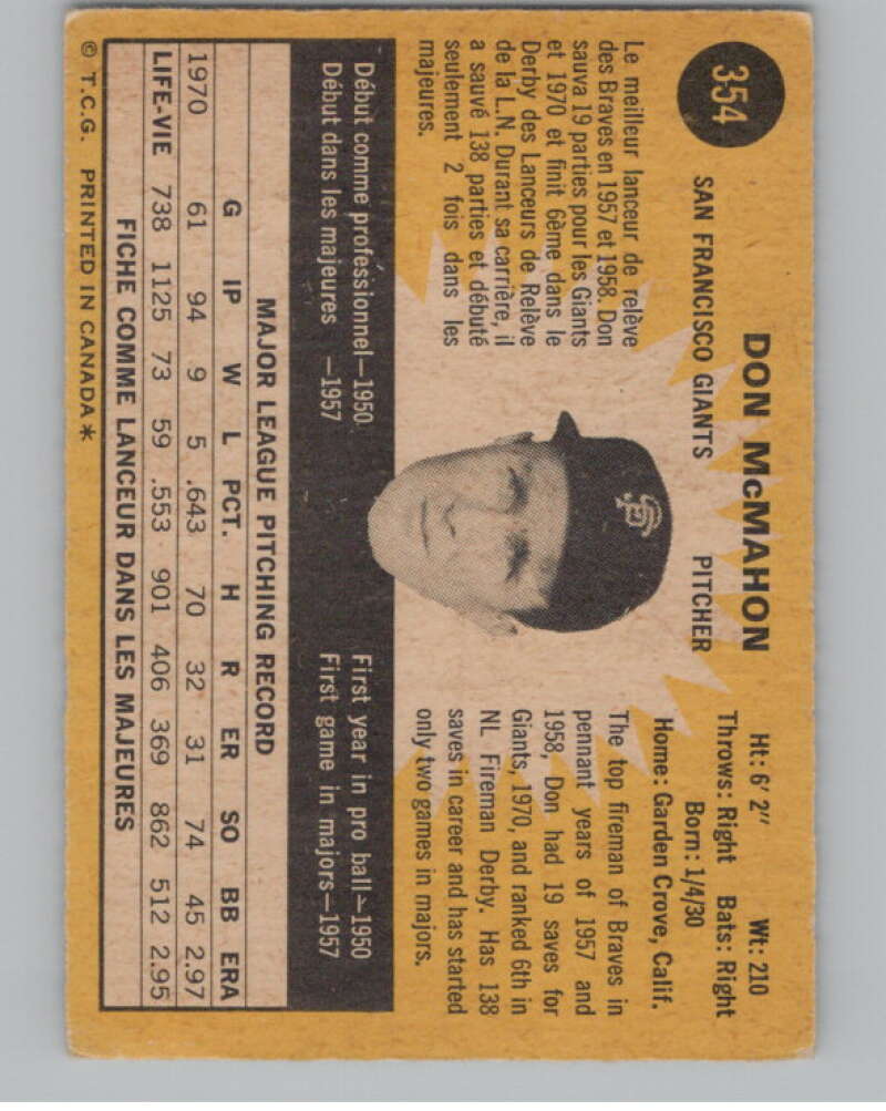 1971 O-Pee-Chee #354 Don McMahon  San Francisco Giants  V101549 Image 2