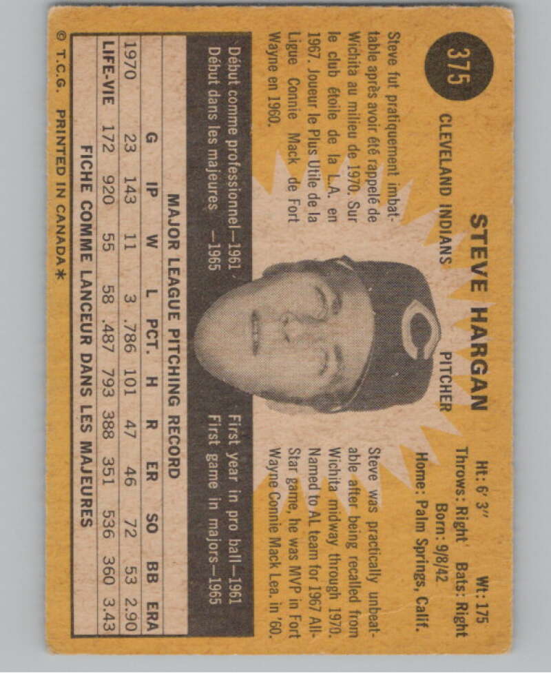1971 O-Pee-Chee #375 Steve Hargan  Cleveland Indians  V101553 Image 2
