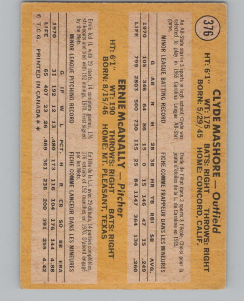 1971 O-Pee-Chee #376 Mashore/Ernie McAnally RC Rookie Expos  V101554 Image 2