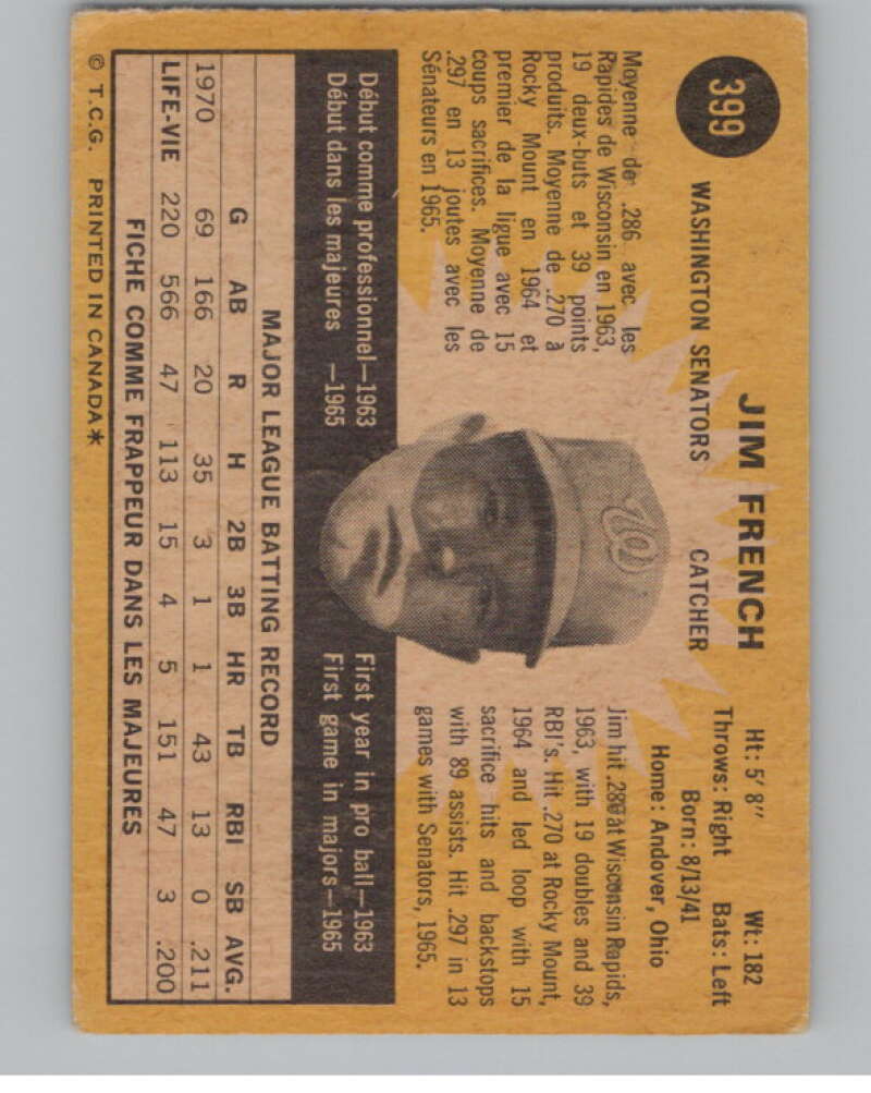 1971 O-Pee-Chee #399 Jim French  Washington Senators  V101556 Image 2