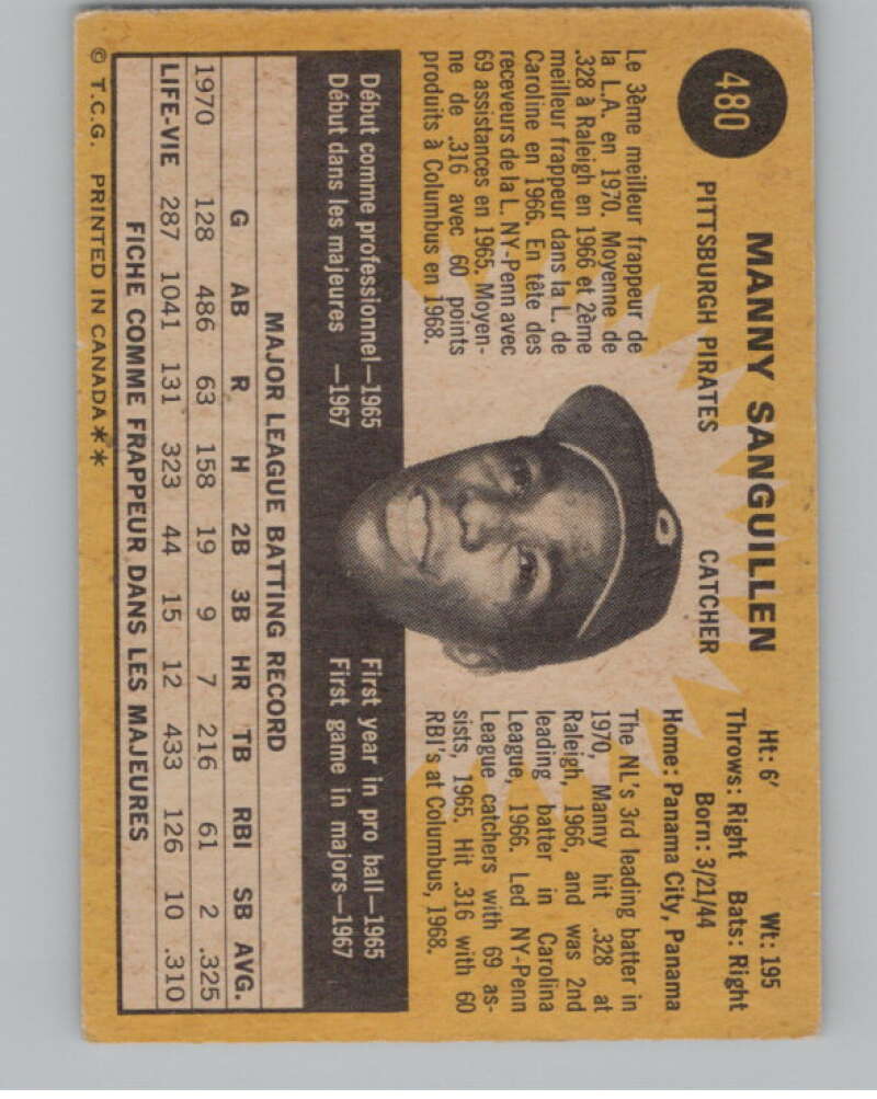 1971 O-Pee-Chee #480 Manny Sanguillen  Pittsburgh Pirates  V101560 Image 2