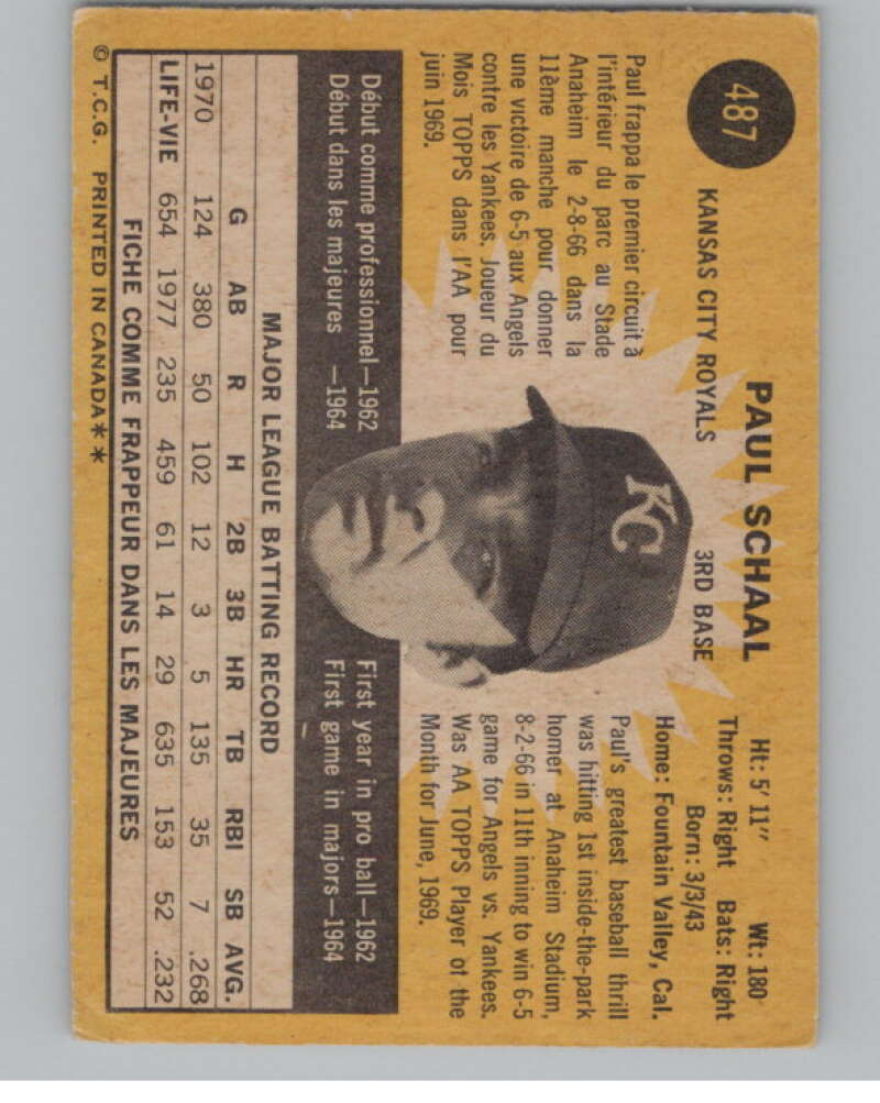 1971 O-Pee-Chee #487 Paul Schaal  Kansas City Royals  V101561 Image 2
