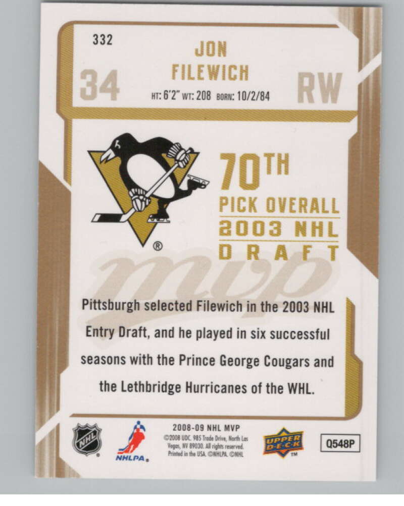 2008-09 Upper Deck MVP Gold Script #332 Jon Filewich 2/100  V101649 Image 2