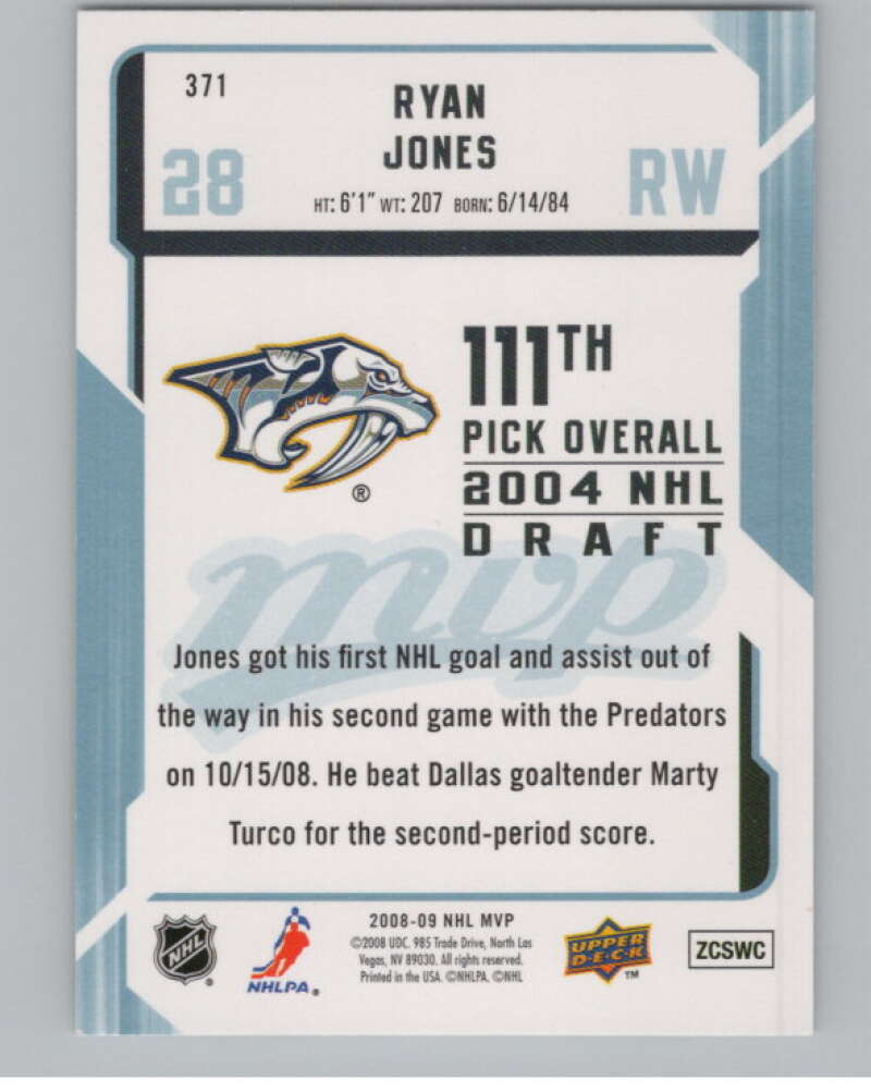 2008-09 Upper Deck MVP #371 Ryan Jones  RC Rookie Predators  V101652 Image 2