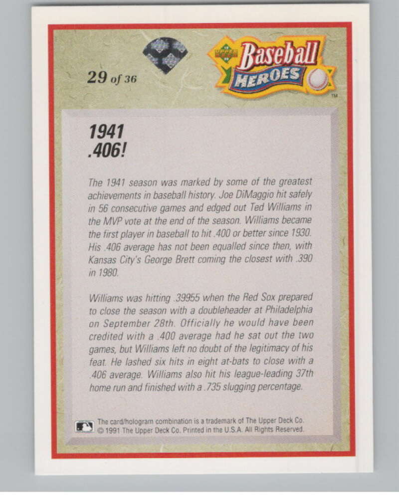 1992 Upper Deck Ted Williams Heroes #29 Ted Williams   Red Sox  V101655 Image 2