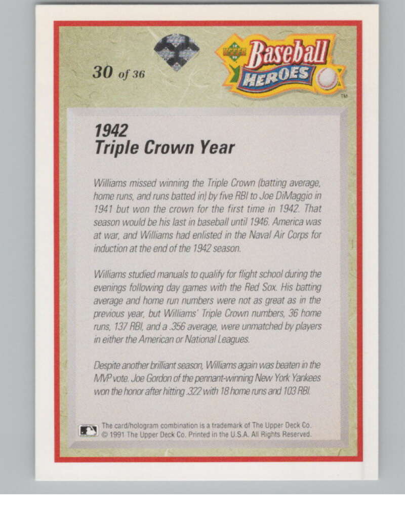 1992 Upper Deck Ted Williams Heroes #30 Ted Williams   Red Sox  V101656 Image 2