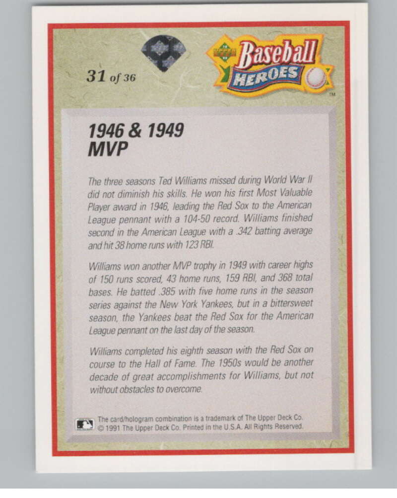 1992 Upper Deck Ted Williams Heroes #31 Ted Williams   Red Sox  V101657 Image 2