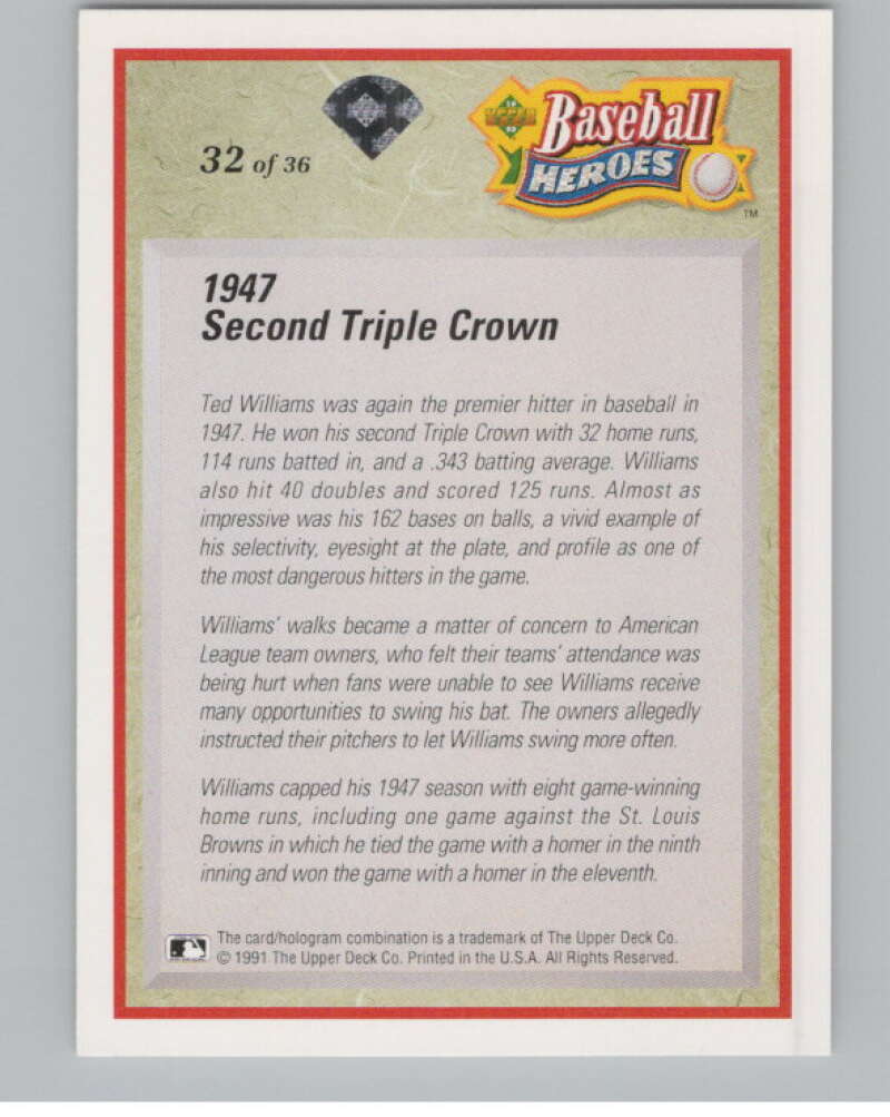 1992 Upper Deck Ted Williams Heroes #32 Ted Williams   Red Sox  V101658 Image 2