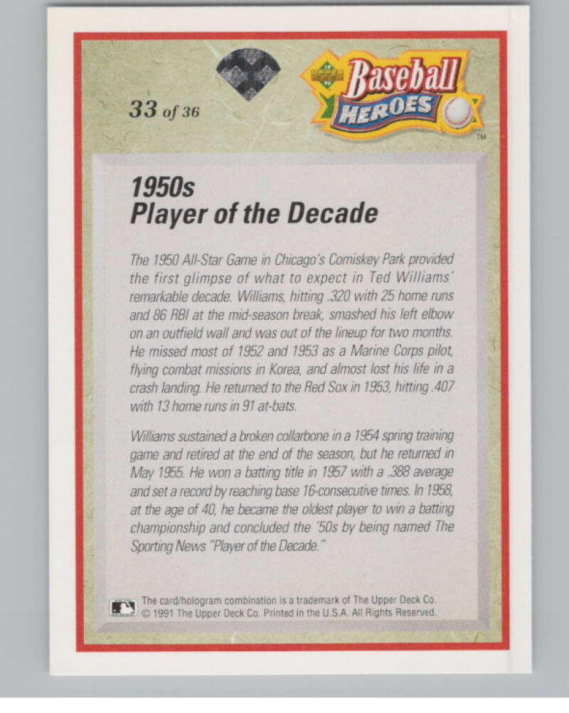 1992 Upper Deck Ted Williams Heroes #33 Ted Williams   Red Sox  V101659 Image 2