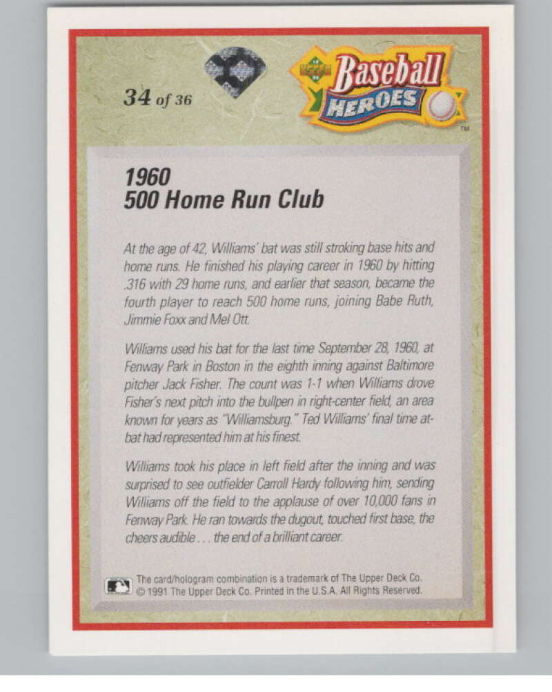 1992 Upper Deck Ted Williams Heroes #34 Ted Williams   Red Sox  V101660 Image 2