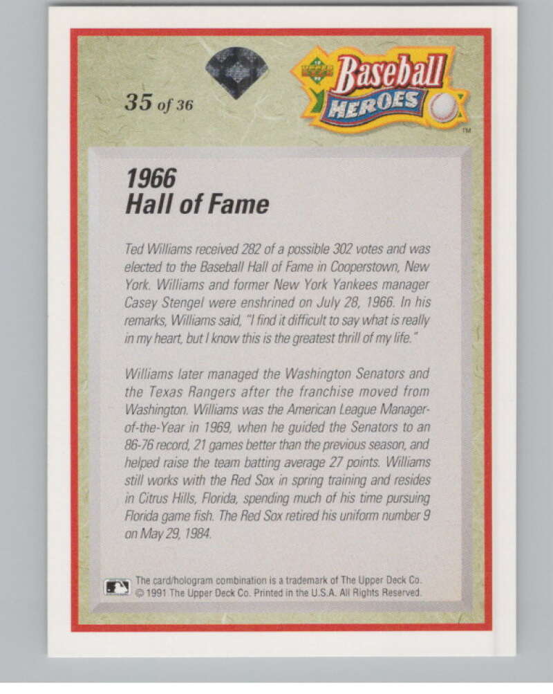 1992 Upper Deck Ted Williams Heroes #35 Ted Williams   Red Sox  V101661 Image 2