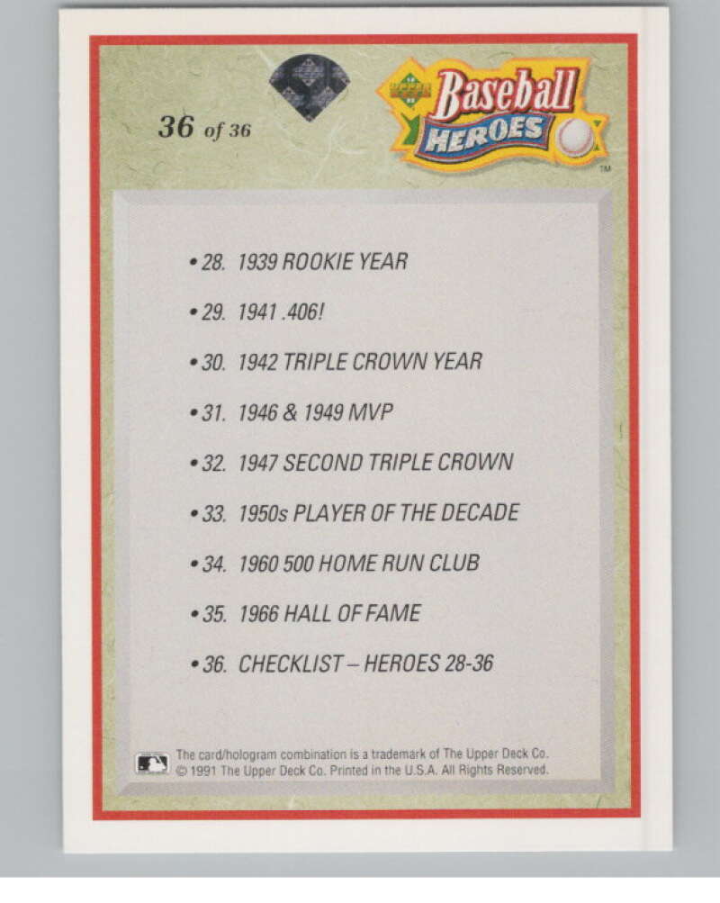 1992 Upper Deck Ted Williams Heroes #36 Ted Williams CL Red Sox  V101662 Image 2