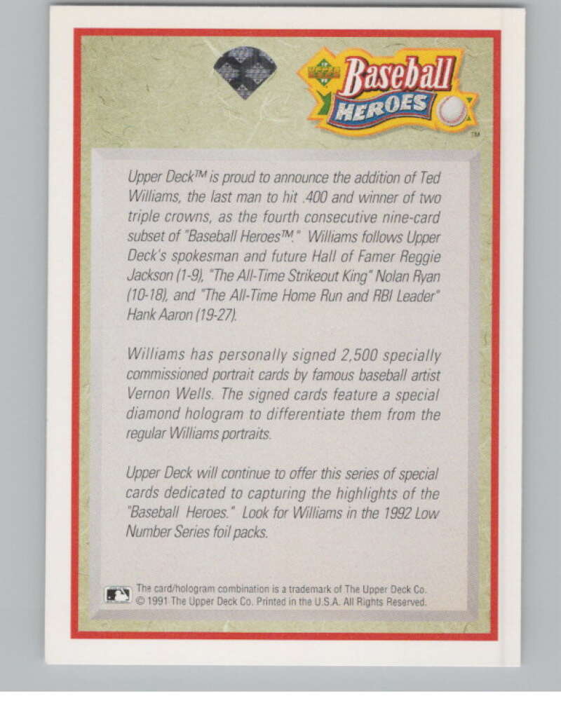 1992 Upper Deck Ted Williams Heroes #NNO Ted Williams Header  V101663 Image 2