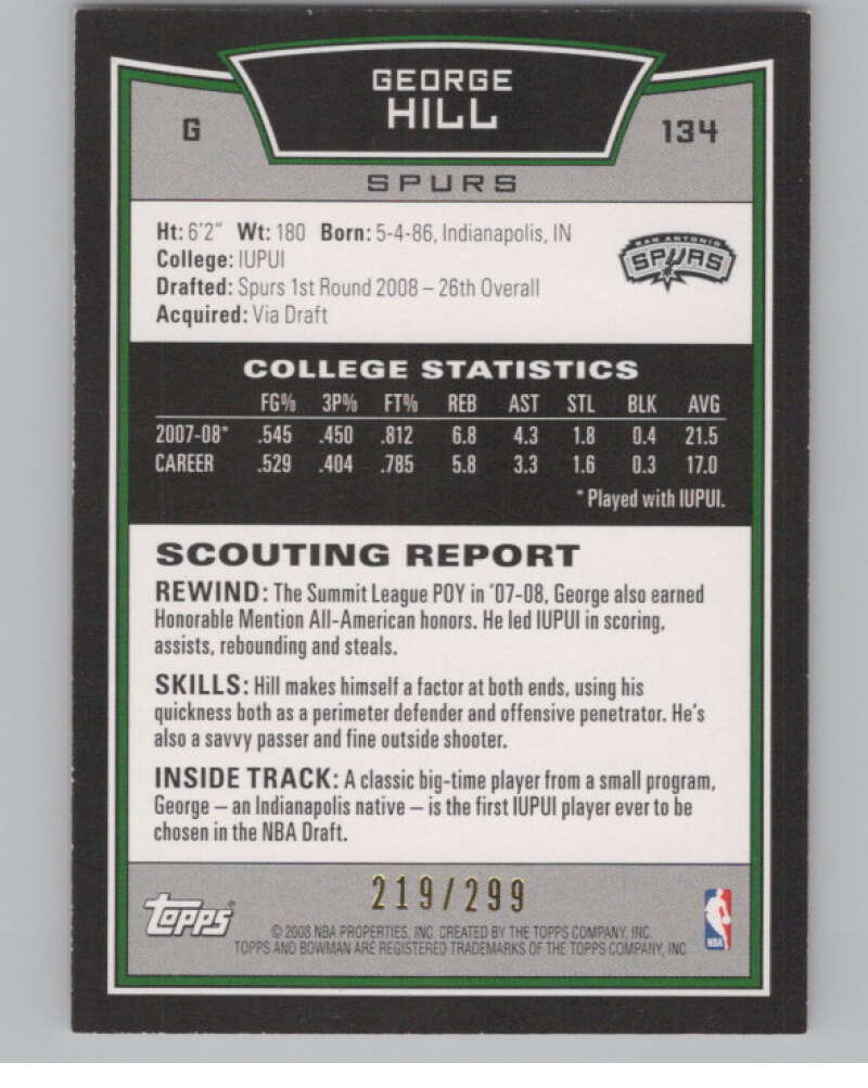 2008-09 Bowman Orange #134 George Hill Rookie 219/299 Spurs  V101664 Image 2