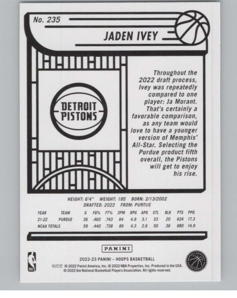 2022-23 Panini NBA Hoops #235 Jaden Ivey  RC Rookie Pistons  V101669 Image 2