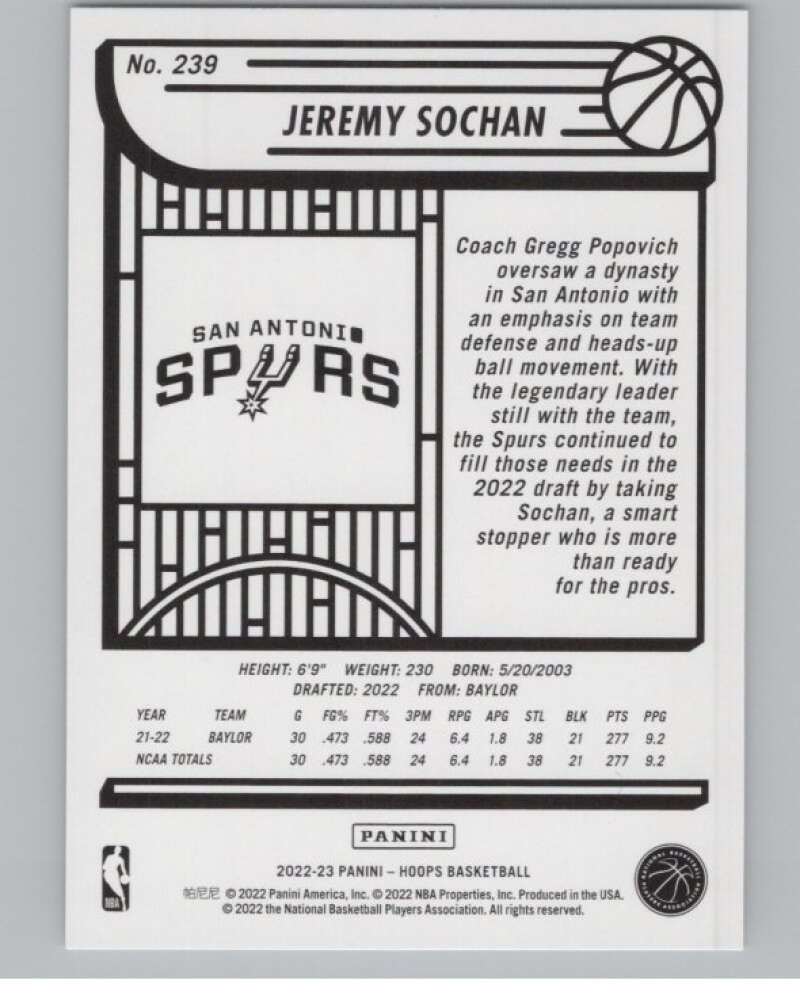 2022-23 Panini NBA Hoops #239 Jeremy Sochan  RC Rookie Spurs  V101670 Image 2