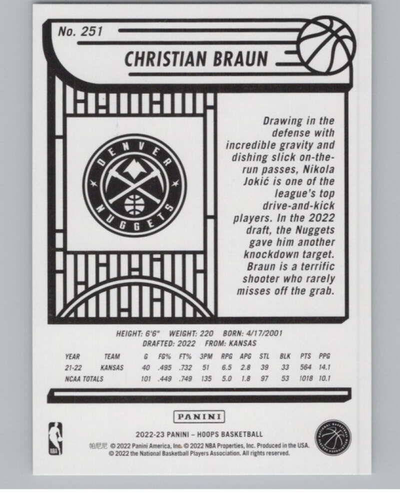 2022-23 Panini NBA Hoops #251 Christian Braun RC Rookie Nuggets  V101671 Image 2