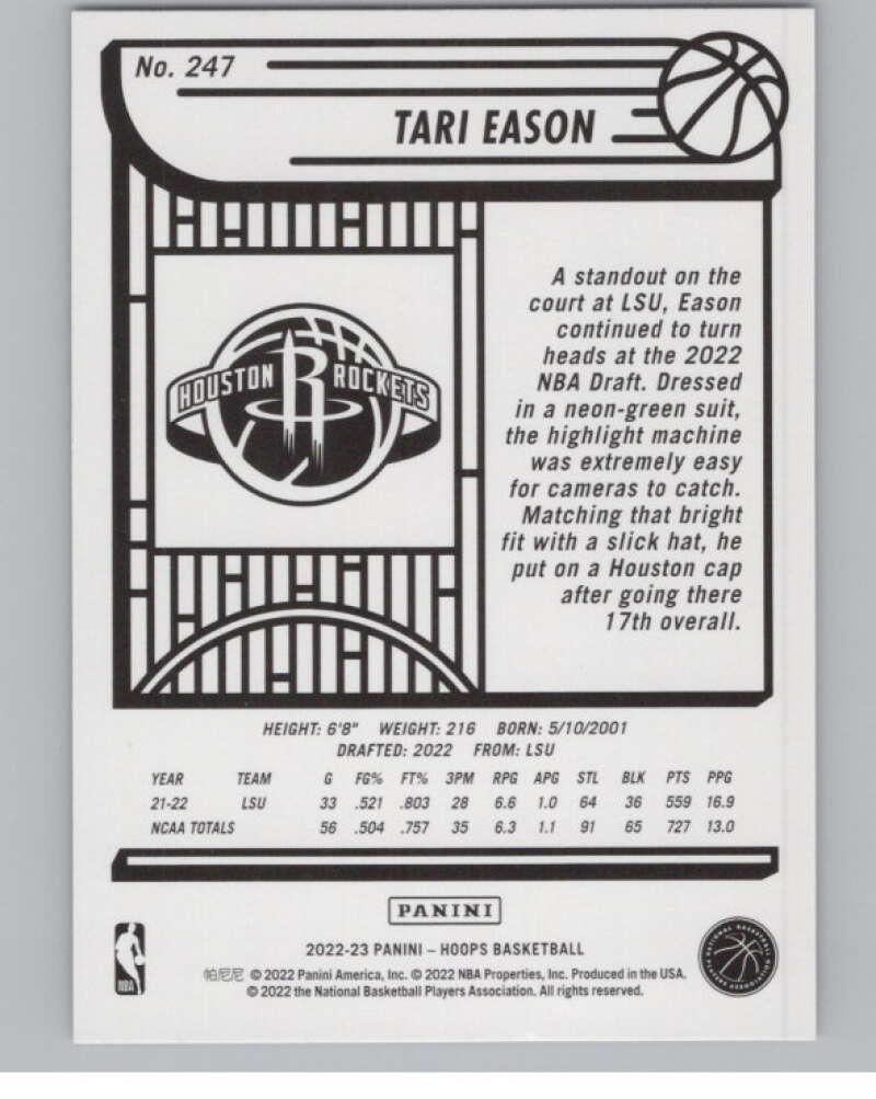 2022-23 Panini NBA Hoops Purple #247 Tari Eason RC Rookie Rockets  V101672 Image 2