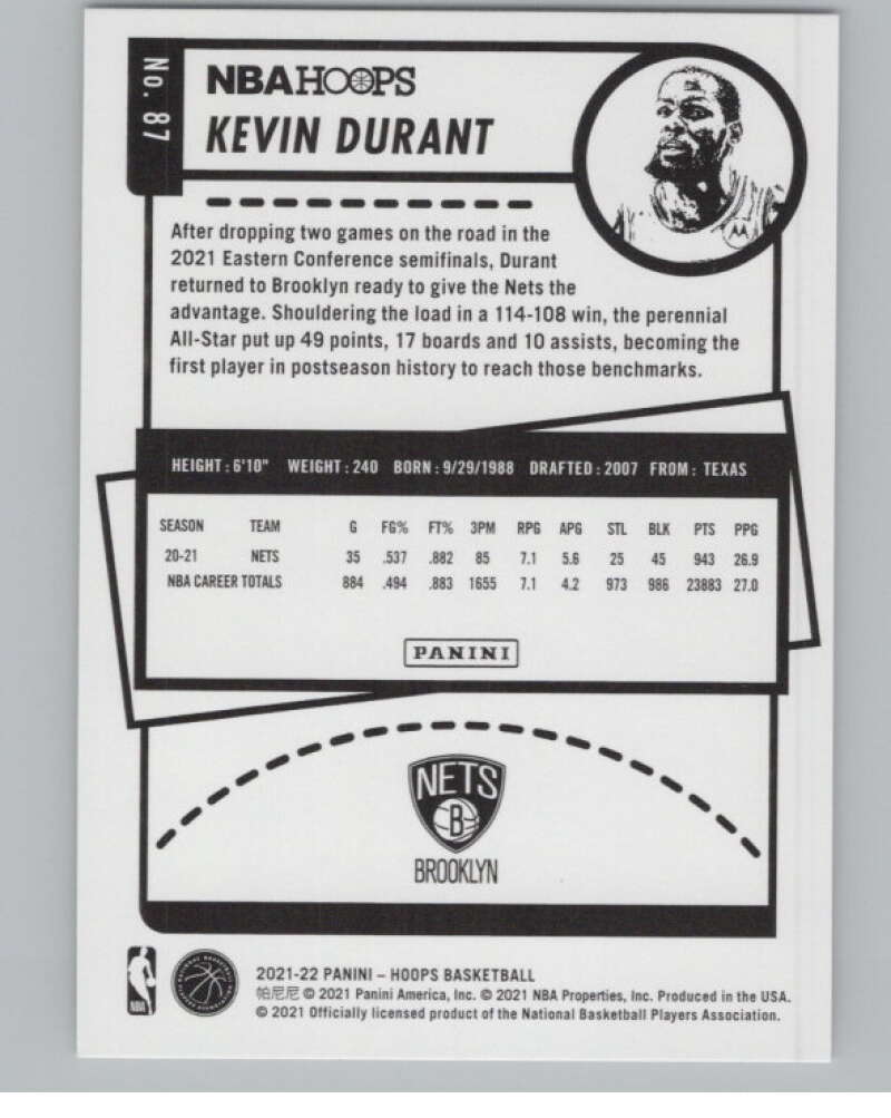 2021-22 Panini Hoops #87 Kevin Durant  Brooklyn Nets  V101675 Image 2