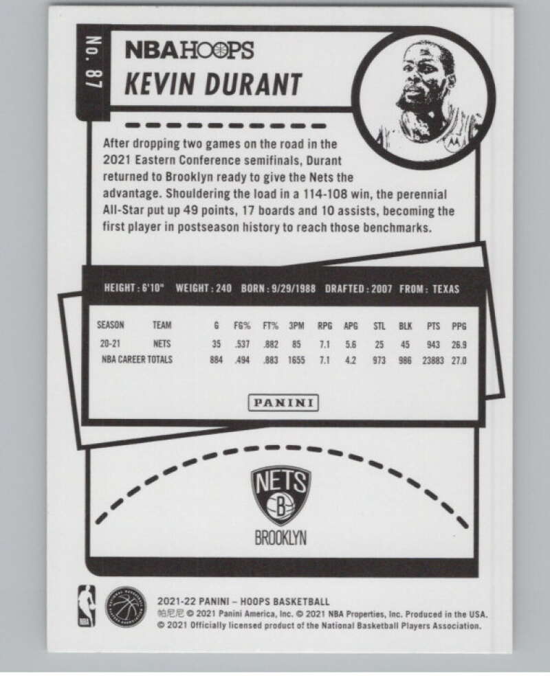 2021-22 Panini Hoops #87 Kevin Durant  Brooklyn Nets  V101676 Image 2