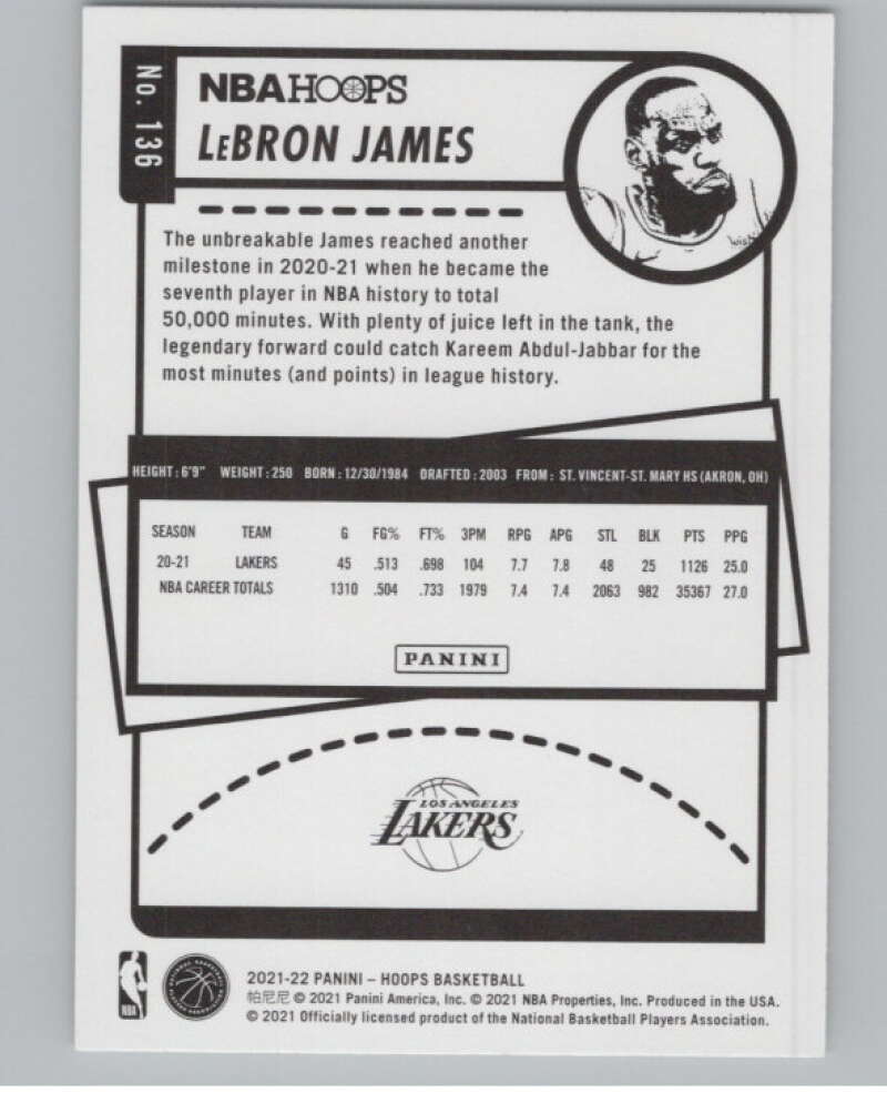 2021-22 Panini Hoops #136 LeBron James  Los Angeles Lakers  V101677 Image 2