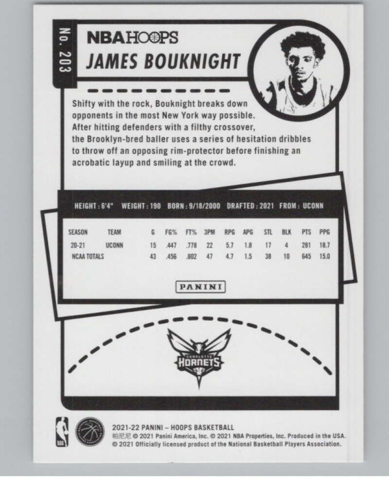 2021-22 Panini Hoops #203 James Bouknight RC Rookie Charlotte Hornets  V101678 Image 2