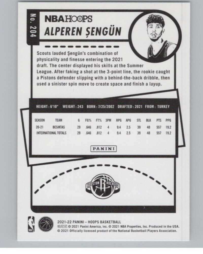 2021-22 Panini Hoops #204 Alperen Sengun RC Rookie Houston Rockets  V101679 Image 2