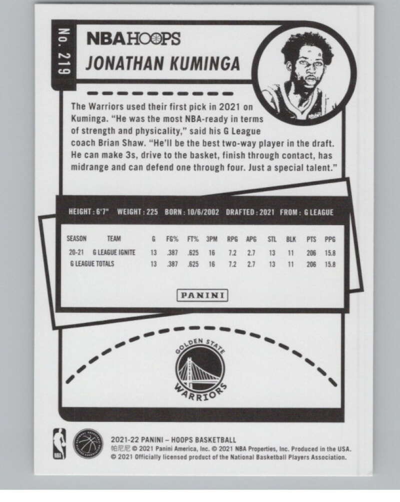 2021-22 Panini Hoops #219 Jonathan Kuminga RC Rookie Warriors  V101680 Image 2