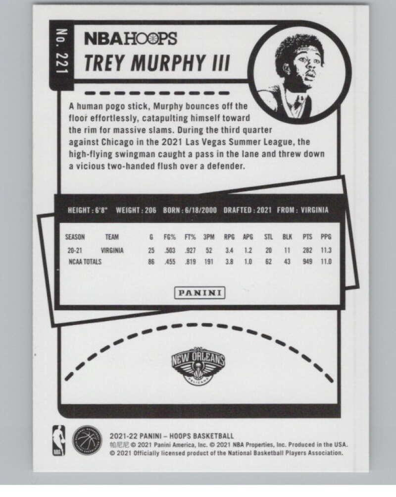 2021-22 Panini Hoops #221 Trey Murphy III  RC Rookie Pelicans  V101681 Image 2