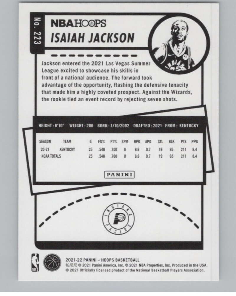 2021-22 Panini Hoops #223 Isaiah Jackson  RC Rookie Indiana Pacers  V101683 Image 2