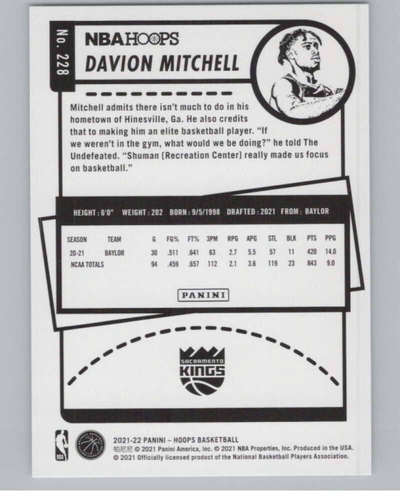 2021-22 Panini Hoops #228 Davion Mitchell RC Rookie Sacramento Kings  V101684 Image 2