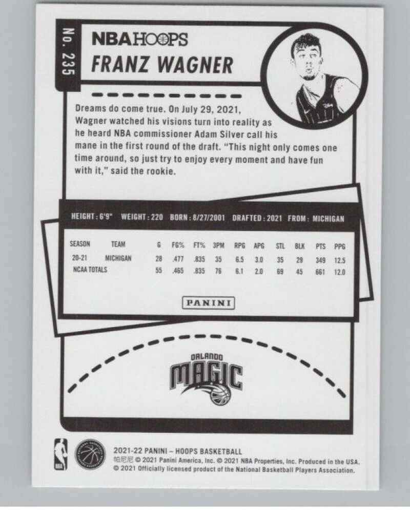 2021-22 Panini Hoops #235 Franz Wagner  RC Rookie Orlando Magic  V101686 Image 2