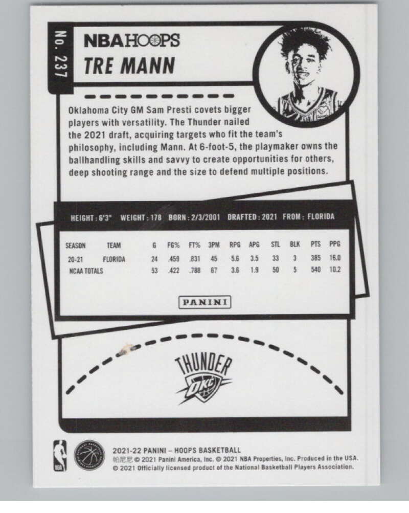2021-22 Panini Hoops #237 Tre Mann  RC Rookie Oklahoma City Thunder  V101687 Image 2