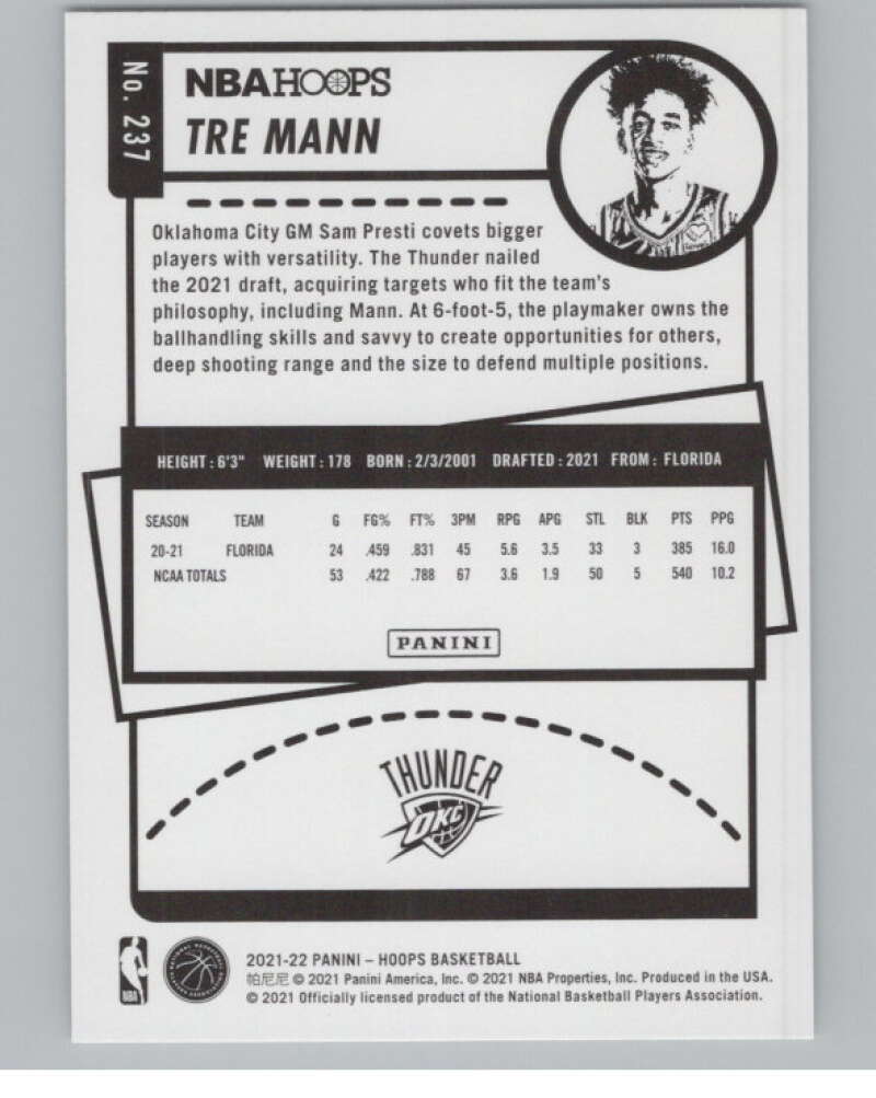 2021-22 Panini Hoops #237 Tre Mann  RC Rookie Oklahoma City Thunder  V101690 Image 2