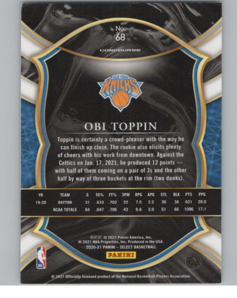 2020-21 Panini Select Blue #68 Obi Toppin Concourse  New York Knicks  V101698 Image 2